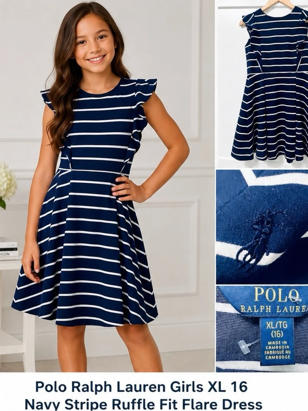 Polo Ralph Lauren Girls XL 16 Navy and white Stripe Ruffle Fit Flare Dress